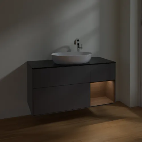 Obrázek VILLEROY BOCH Finion Vanity unit, with lighting, 3 pull-out compartments, 1200 x 603 x 501 mm, Anthracite Matt Lacquer / Walnut Veneer / Glass Black Matt #F952GNGK