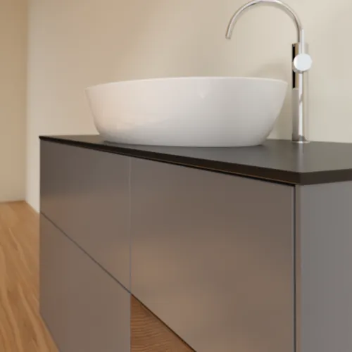 Obrázek VILLEROY BOCH Finion Vanity unit, with lighting, 3 pull-out compartments, 1200 x 603 x 501 mm, Anthracite Matt Lacquer / Walnut Veneer / Glass Black Matt #F952GNGK