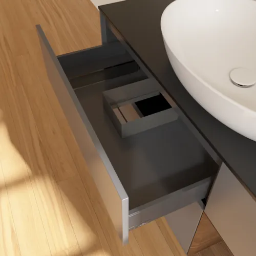 Obrázek VILLEROY BOCH Finion Vanity unit, with lighting, 3 pull-out compartments, 1200 x 603 x 501 mm, Anthracite Matt Lacquer / Walnut Veneer / Glass Black Matt #F952GNGK