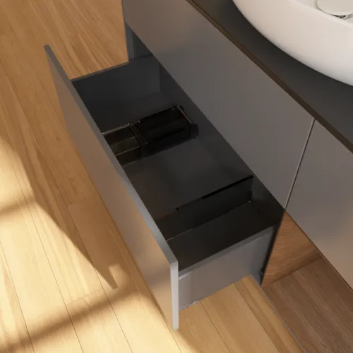 Obrázek VILLEROY BOCH Finion Vanity unit, with lighting, 3 pull-out compartments, 1200 x 603 x 501 mm, Anthracite Matt Lacquer / Walnut Veneer / Glass Black Matt #F952GNGK