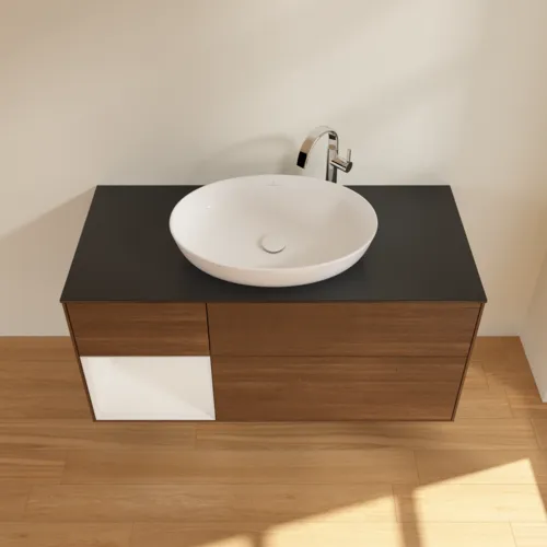 Picture of VILLEROY BOCH Finion Vanity unit, with lighting, 3 pull-out compartments, 1200 x 603 x 501 mm, Walnut Veneer / Glossy White Lacquer / Glass Black Matt #F942GFGN