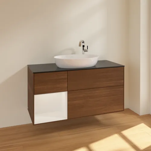 Picture of VILLEROY BOCH Finion Vanity unit, with lighting, 3 pull-out compartments, 1200 x 603 x 501 mm, Walnut Veneer / Glossy White Lacquer / Glass Black Matt #F942GFGN