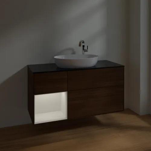 Picture of VILLEROY BOCH Finion Vanity unit, with lighting, 3 pull-out compartments, 1200 x 603 x 501 mm, Walnut Veneer / Glossy White Lacquer / Glass Black Matt #F942GFGN