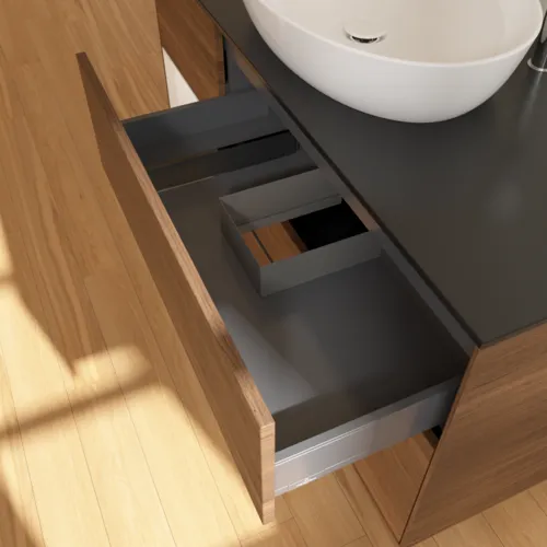 Picture of VILLEROY BOCH Finion Vanity unit, with lighting, 3 pull-out compartments, 1200 x 603 x 501 mm, Walnut Veneer / Glossy White Lacquer / Glass Black Matt #F942GFGN