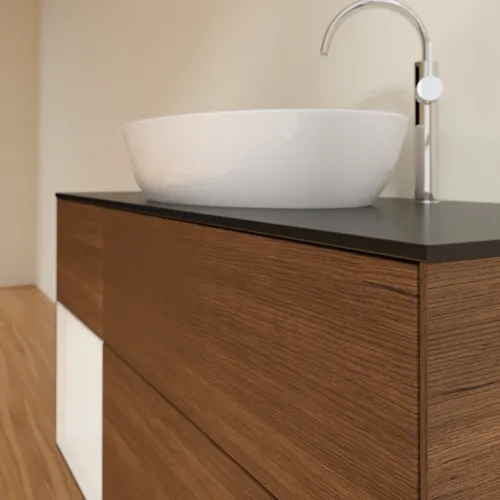 Picture of VILLEROY BOCH Finion Vanity unit, with lighting, 3 pull-out compartments, 1200 x 603 x 501 mm, Walnut Veneer / Glossy White Lacquer / Glass Black Matt #F942GFGN