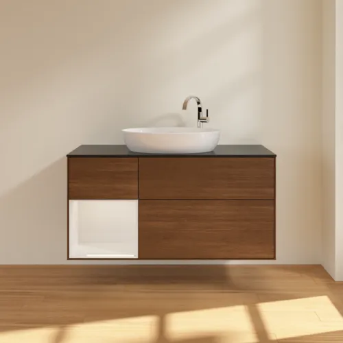 Picture of VILLEROY BOCH Finion Vanity unit, with lighting, 3 pull-out compartments, 1200 x 603 x 501 mm, Walnut Veneer / Glossy White Lacquer / Glass Black Matt #F942GFGN