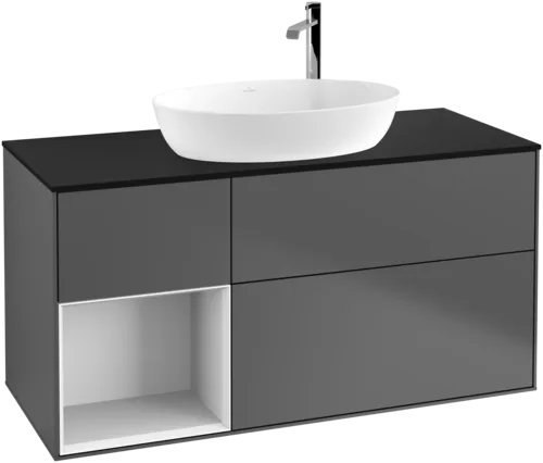 Зображення з  VILLEROY BOCH Finion Vanity unit, with lighting, 3 pull-out compartments, 1200 x 603 x 501 mm, Anthracite Matt Lacquer / Glossy White Lacquer / Glass Black Matt #F942GFGK