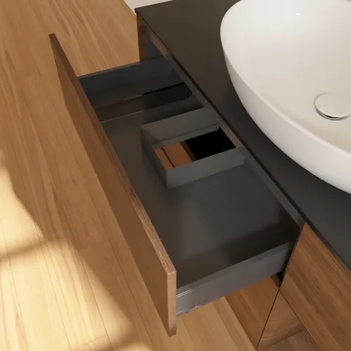 Bild von VILLEROY BOCH Finion Waschbeckenunterschrank, mit Beleuchtung, 3 Auszüge, 1200 x 603 x 501 mm, Walnut Veneer / Walnut Veneer / Glass Black Matt #F952GNGN
