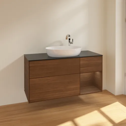 Bild von VILLEROY BOCH Finion Waschbeckenunterschrank, mit Beleuchtung, 3 Auszüge, 1200 x 603 x 501 mm, Walnut Veneer / Walnut Veneer / Glass Black Matt #F952GNGN