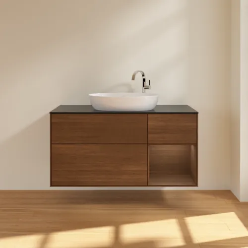 Bild von VILLEROY BOCH Finion Waschbeckenunterschrank, mit Beleuchtung, 3 Auszüge, 1200 x 603 x 501 mm, Walnut Veneer / Walnut Veneer / Glass Black Matt #F952GNGN