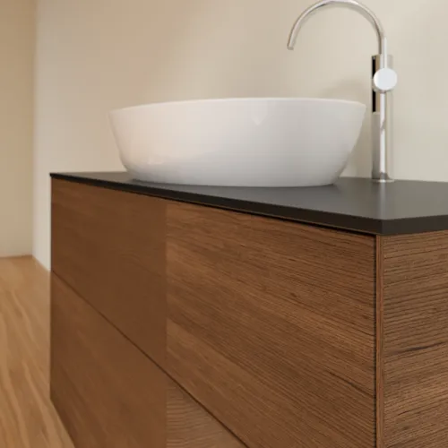 Bild von VILLEROY BOCH Finion Waschbeckenunterschrank, mit Beleuchtung, 3 Auszüge, 1200 x 603 x 501 mm, Walnut Veneer / Walnut Veneer / Glass Black Matt #F952GNGN