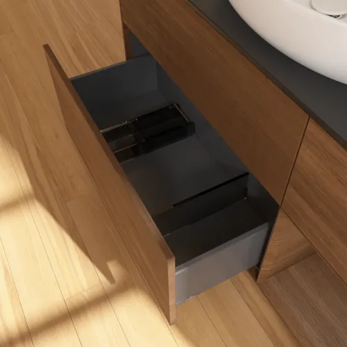 Bild von VILLEROY BOCH Finion Waschbeckenunterschrank, mit Beleuchtung, 3 Auszüge, 1200 x 603 x 501 mm, Walnut Veneer / Walnut Veneer / Glass Black Matt #F952GNGN