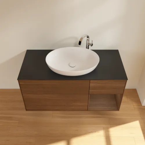 Bild von VILLEROY BOCH Finion Waschbeckenunterschrank, mit Beleuchtung, 3 Auszüge, 1200 x 603 x 501 mm, Walnut Veneer / Walnut Veneer / Glass Black Matt #F952GNGN