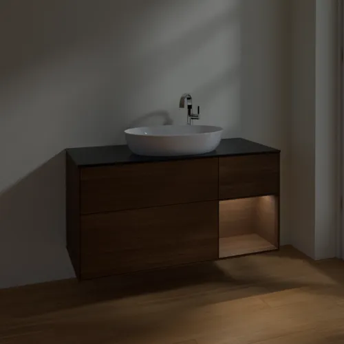 Bild von VILLEROY BOCH Finion Waschbeckenunterschrank, mit Beleuchtung, 3 Auszüge, 1200 x 603 x 501 mm, Walnut Veneer / Walnut Veneer / Glass Black Matt #F952GNGN