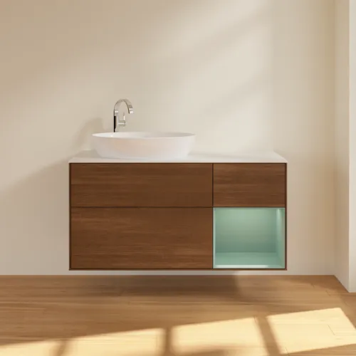 Bild von VILLEROY BOCH Finion Waschbeckenunterschrank, mit Beleuchtung, 3 Auszüge, 1200 x 603 x 501 mm, Walnut Veneer / Olive Matt Lacquer / Glass White Matt #F931GMGN