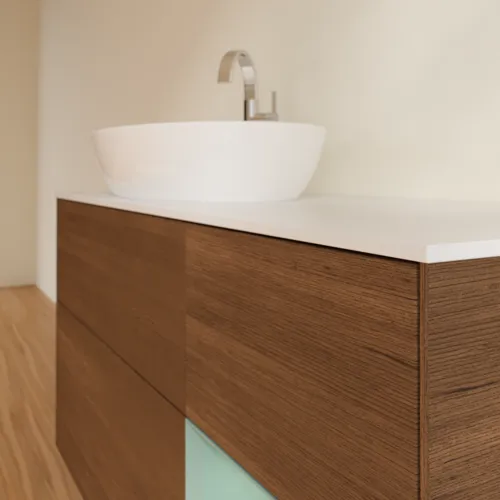 Bild von VILLEROY BOCH Finion Waschbeckenunterschrank, mit Beleuchtung, 3 Auszüge, 1200 x 603 x 501 mm, Walnut Veneer / Olive Matt Lacquer / Glass White Matt #F931GMGN