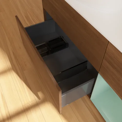 Bild von VILLEROY BOCH Finion Waschbeckenunterschrank, mit Beleuchtung, 3 Auszüge, 1200 x 603 x 501 mm, Walnut Veneer / Olive Matt Lacquer / Glass White Matt #F931GMGN