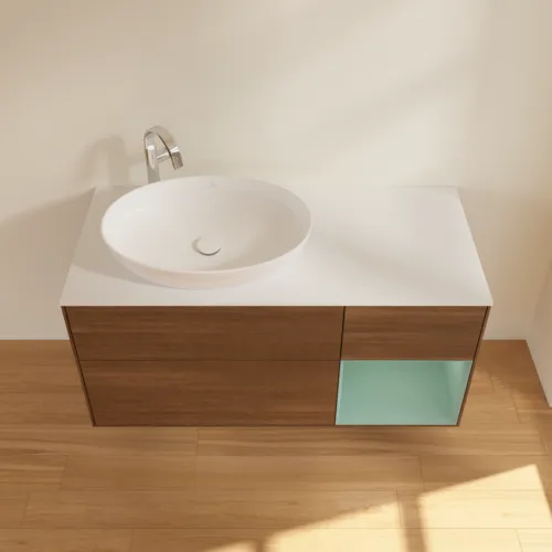 Bild von VILLEROY BOCH Finion Waschbeckenunterschrank, mit Beleuchtung, 3 Auszüge, 1200 x 603 x 501 mm, Walnut Veneer / Olive Matt Lacquer / Glass White Matt #F931GMGN