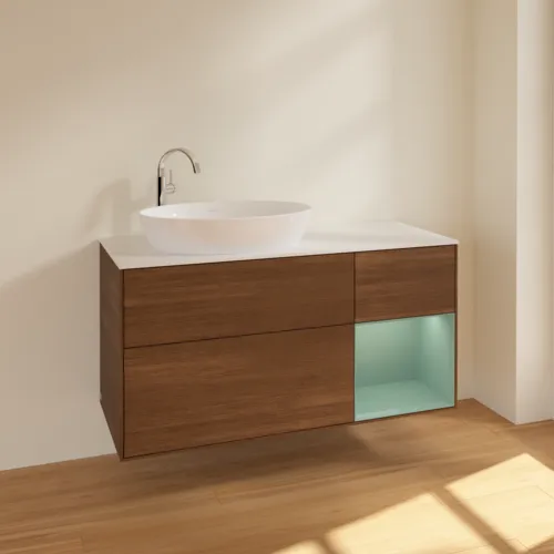 Bild von VILLEROY BOCH Finion Waschbeckenunterschrank, mit Beleuchtung, 3 Auszüge, 1200 x 603 x 501 mm, Walnut Veneer / Olive Matt Lacquer / Glass White Matt #F931GMGN