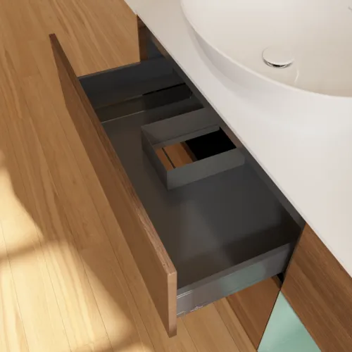 Bild von VILLEROY BOCH Finion Waschbeckenunterschrank, mit Beleuchtung, 3 Auszüge, 1200 x 603 x 501 mm, Walnut Veneer / Olive Matt Lacquer / Glass White Matt #F931GMGN