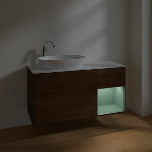 Bild von VILLEROY BOCH Finion Waschbeckenunterschrank, mit Beleuchtung, 3 Auszüge, 1200 x 603 x 501 mm, Walnut Veneer / Olive Matt Lacquer / Glass White Matt #F931GMGN