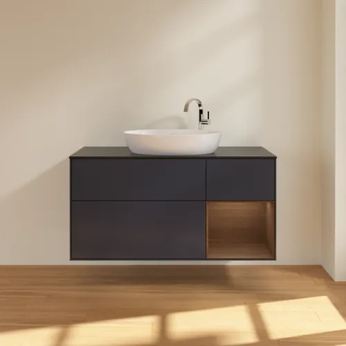VILLEROY BOCH Finion Waschbeckenunterschrank, mit Beleuchtung, 3 Auszüge, 1200 x 603 x 501 mm, Midnight Blue Matt Lacquer / Walnut Veneer / Glass Black Matt #F952GNHG, Bild 3