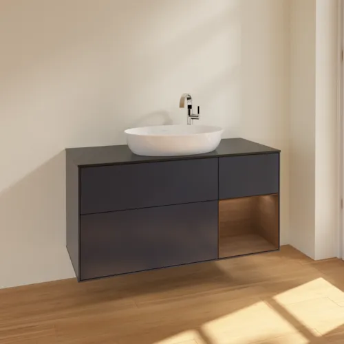 VILLEROY BOCH Finion Waschbeckenunterschrank, mit Beleuchtung, 3 Auszüge, 1200 x 603 x 501 mm, Midnight Blue Matt Lacquer / Walnut Veneer / Glass Black Matt #F952GNHG, Bild 2