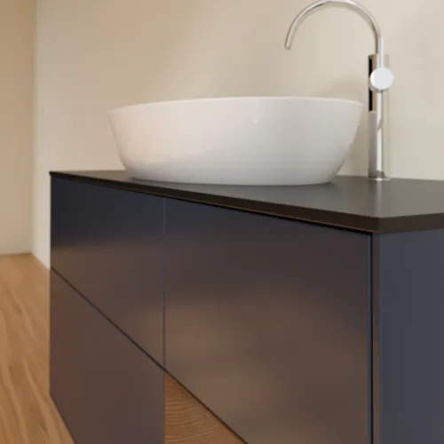 VILLEROY BOCH Finion Waschbeckenunterschrank, mit Beleuchtung, 3 Auszüge, 1200 x 603 x 501 mm, Midnight Blue Matt Lacquer / Walnut Veneer / Glass Black Matt #F952GNHG, Bild 6