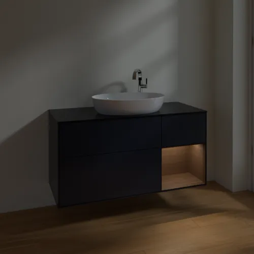 VILLEROY BOCH Finion Waschbeckenunterschrank, mit Beleuchtung, 3 Auszüge, 1200 x 603 x 501 mm, Midnight Blue Matt Lacquer / Walnut Veneer / Glass Black Matt #F952GNHG, Bild 5