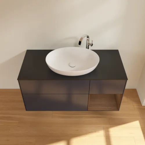 VILLEROY BOCH Finion Waschbeckenunterschrank, mit Beleuchtung, 3 Auszüge, 1200 x 603 x 501 mm, Midnight Blue Matt Lacquer / Walnut Veneer / Glass Black Matt #F952GNHG, Bild 4