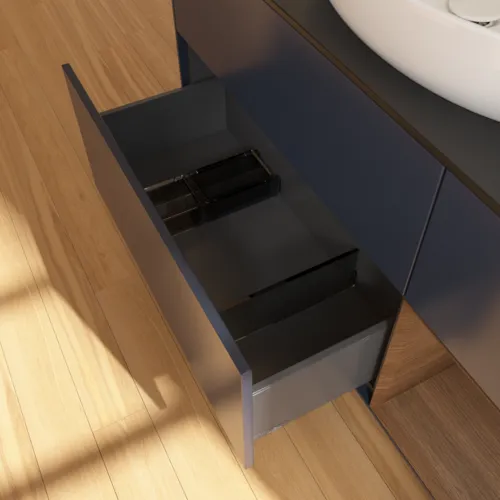 VILLEROY BOCH Finion Waschbeckenunterschrank, mit Beleuchtung, 3 Auszüge, 1200 x 603 x 501 mm, Midnight Blue Matt Lacquer / Walnut Veneer / Glass Black Matt #F952GNHG, Bild 7