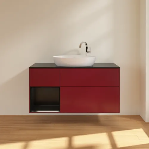 Bild von VILLEROY BOCH Finion Waschbeckenunterschrank, mit Beleuchtung, 3 Auszüge, 1200 x 603 x 501 mm, Peony Matt Lacquer / Black Matt Lacquer / Glass Black Matt #F942PDHB