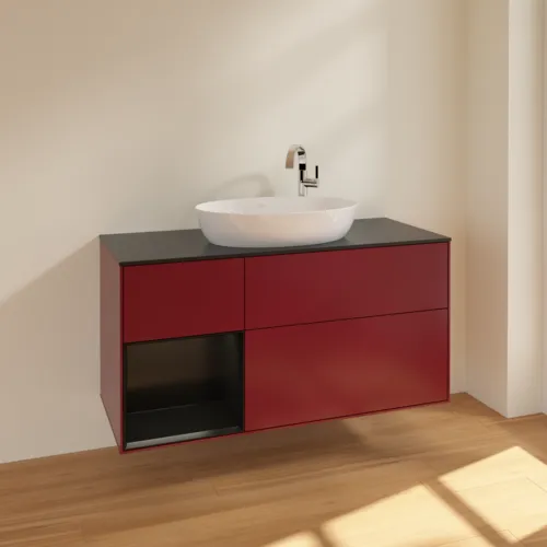 Bild von VILLEROY BOCH Finion Waschbeckenunterschrank, mit Beleuchtung, 3 Auszüge, 1200 x 603 x 501 mm, Peony Matt Lacquer / Black Matt Lacquer / Glass Black Matt #F942PDHB