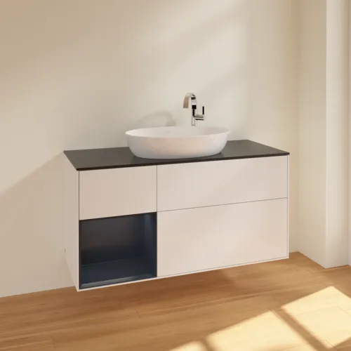 Bild von VILLEROY BOCH Finion Waschbeckenunterschrank, mit Beleuchtung, 3 Auszüge, 1200 x 603 x 501 mm, Glossy White Lacquer / Midnight Blue Matt Lacquer / Glass Black Matt #F942HGGF