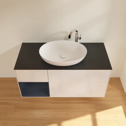 Bild von VILLEROY BOCH Finion Waschbeckenunterschrank, mit Beleuchtung, 3 Auszüge, 1200 x 603 x 501 mm, Glossy White Lacquer / Midnight Blue Matt Lacquer / Glass Black Matt #F942HGGF