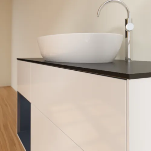 Bild von VILLEROY BOCH Finion Waschbeckenunterschrank, mit Beleuchtung, 3 Auszüge, 1200 x 603 x 501 mm, Glossy White Lacquer / Midnight Blue Matt Lacquer / Glass Black Matt #F942HGGF