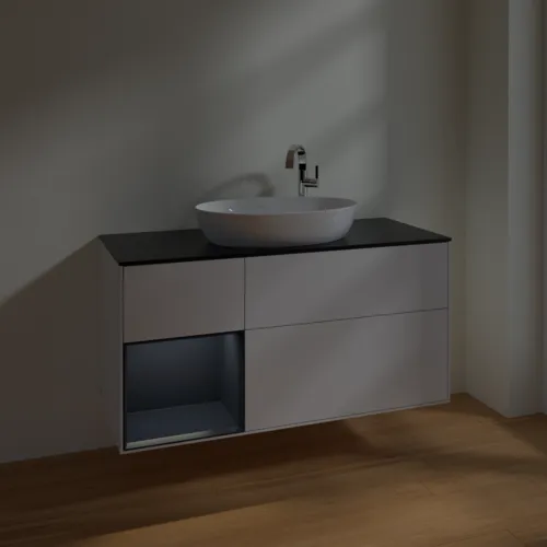 Bild von VILLEROY BOCH Finion Waschbeckenunterschrank, mit Beleuchtung, 3 Auszüge, 1200 x 603 x 501 mm, Glossy White Lacquer / Midnight Blue Matt Lacquer / Glass Black Matt #F942HGGF