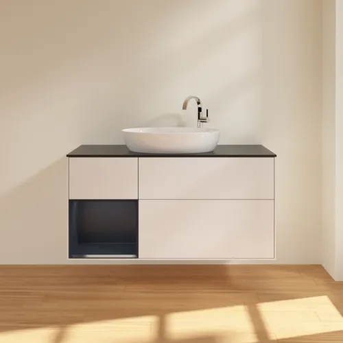 Bild von VILLEROY BOCH Finion Waschbeckenunterschrank, mit Beleuchtung, 3 Auszüge, 1200 x 603 x 501 mm, Glossy White Lacquer / Midnight Blue Matt Lacquer / Glass Black Matt #F942HGGF