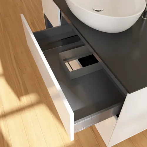 Bild von VILLEROY BOCH Finion Waschbeckenunterschrank, mit Beleuchtung, 3 Auszüge, 1200 x 603 x 501 mm, Glossy White Lacquer / Midnight Blue Matt Lacquer / Glass Black Matt #F942HGGF