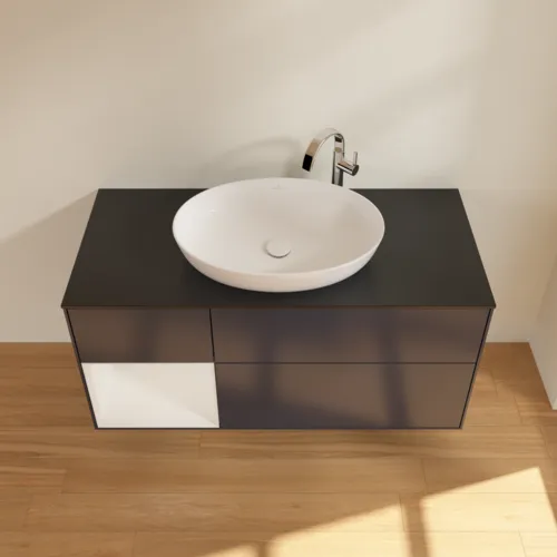 Bild von VILLEROY BOCH Finion Waschbeckenunterschrank, mit Beleuchtung, 3 Auszüge, 1200 x 603 x 501 mm, Midnight Blue Matt Lacquer / Glossy White Lacquer / Glass Black Matt #F942GFHG