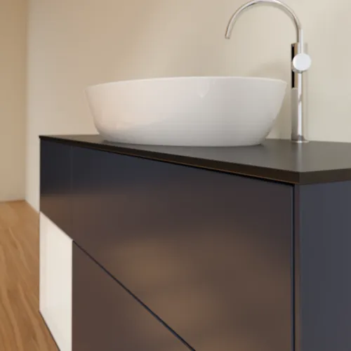 Bild von VILLEROY BOCH Finion Waschbeckenunterschrank, mit Beleuchtung, 3 Auszüge, 1200 x 603 x 501 mm, Midnight Blue Matt Lacquer / Glossy White Lacquer / Glass Black Matt #F942GFHG