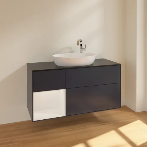 Bild von VILLEROY BOCH Finion Waschbeckenunterschrank, mit Beleuchtung, 3 Auszüge, 1200 x 603 x 501 mm, Midnight Blue Matt Lacquer / Glossy White Lacquer / Glass Black Matt #F942GFHG