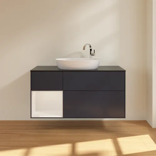 Bild von VILLEROY BOCH Finion Waschbeckenunterschrank, mit Beleuchtung, 3 Auszüge, 1200 x 603 x 501 mm, Midnight Blue Matt Lacquer / Glossy White Lacquer / Glass Black Matt #F942GFHG