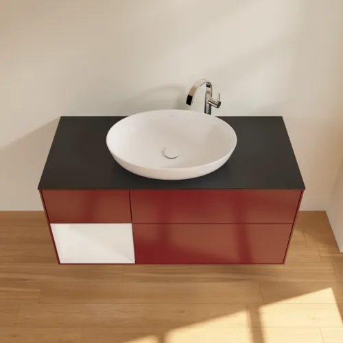 Bild von VILLEROY BOCH Finion Waschbeckenunterschrank, mit Beleuchtung, 3 Auszüge, 1200 x 603 x 501 mm, Peony Matt Lacquer / Glossy White Lacquer / Glass Black Matt #F942GFHB