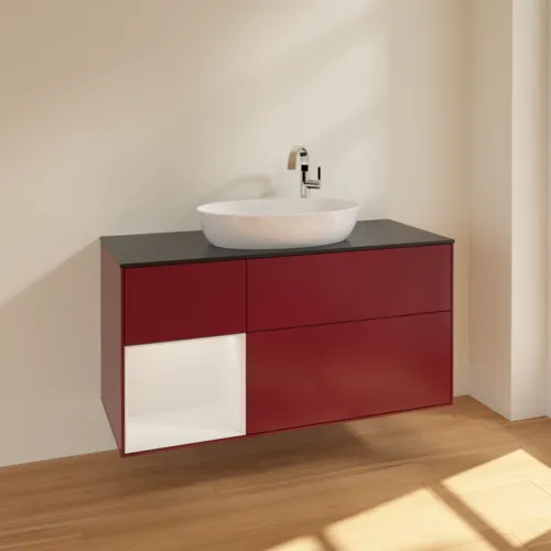 Bild von VILLEROY BOCH Finion Waschbeckenunterschrank, mit Beleuchtung, 3 Auszüge, 1200 x 603 x 501 mm, Peony Matt Lacquer / Glossy White Lacquer / Glass Black Matt #F942GFHB