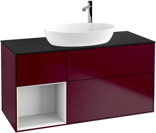 Зображення з  VILLEROY BOCH Finion Vanity unit, with lighting, 3 pull-out compartments, 1200 x 603 x 501 mm, Peony Matt Lacquer / Glossy White Lacquer / Glass Black Matt #F942GFHB