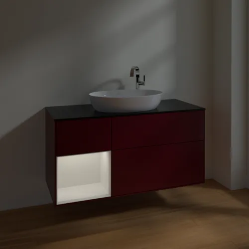 Bild von VILLEROY BOCH Finion Waschbeckenunterschrank, mit Beleuchtung, 3 Auszüge, 1200 x 603 x 501 mm, Peony Matt Lacquer / Glossy White Lacquer / Glass Black Matt #F942GFHB