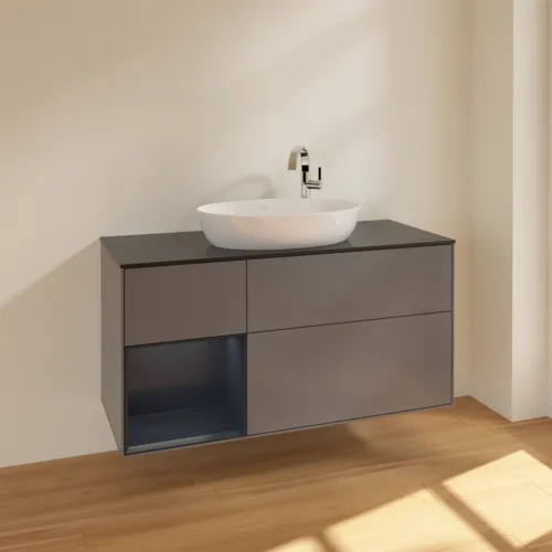 VILLEROY BOCH Finion Waschbeckenunterschrank, mit Beleuchtung, 3 Auszüge, 1200 x 603 x 501 mm, Anthracite Matt Lacquer / Midnight Blue Matt Lacquer / Glass Black Matt #F942HGGK, Bild 2