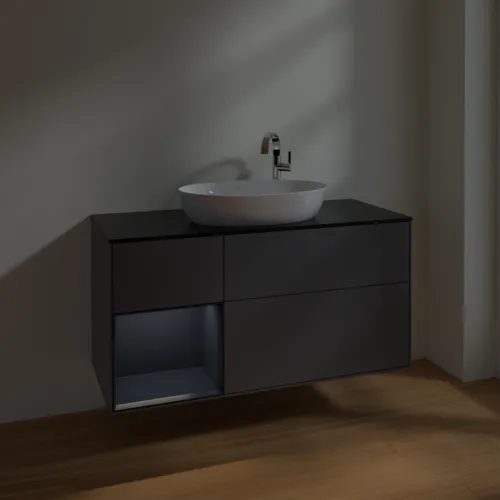 VILLEROY BOCH Finion Waschbeckenunterschrank, mit Beleuchtung, 3 Auszüge, 1200 x 603 x 501 mm, Anthracite Matt Lacquer / Midnight Blue Matt Lacquer / Glass Black Matt #F942HGGK, Bild 5