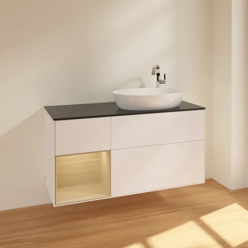 Bild von VILLEROY BOCH Finion Waschbeckenunterschrank, mit Beleuchtung, 3 Auszüge, 1200 x 603 x 501 mm, White Matt Lacquer / Oak Veneer / Glass Black Matt #F922PCMT
